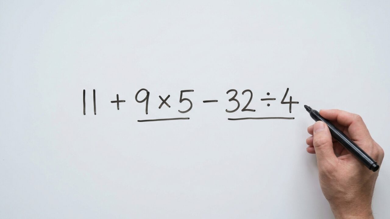 Tente resolver 11 + 9 × 5 - 32 ÷ 4 sem calculadora e veja se a resposta vem de primeira