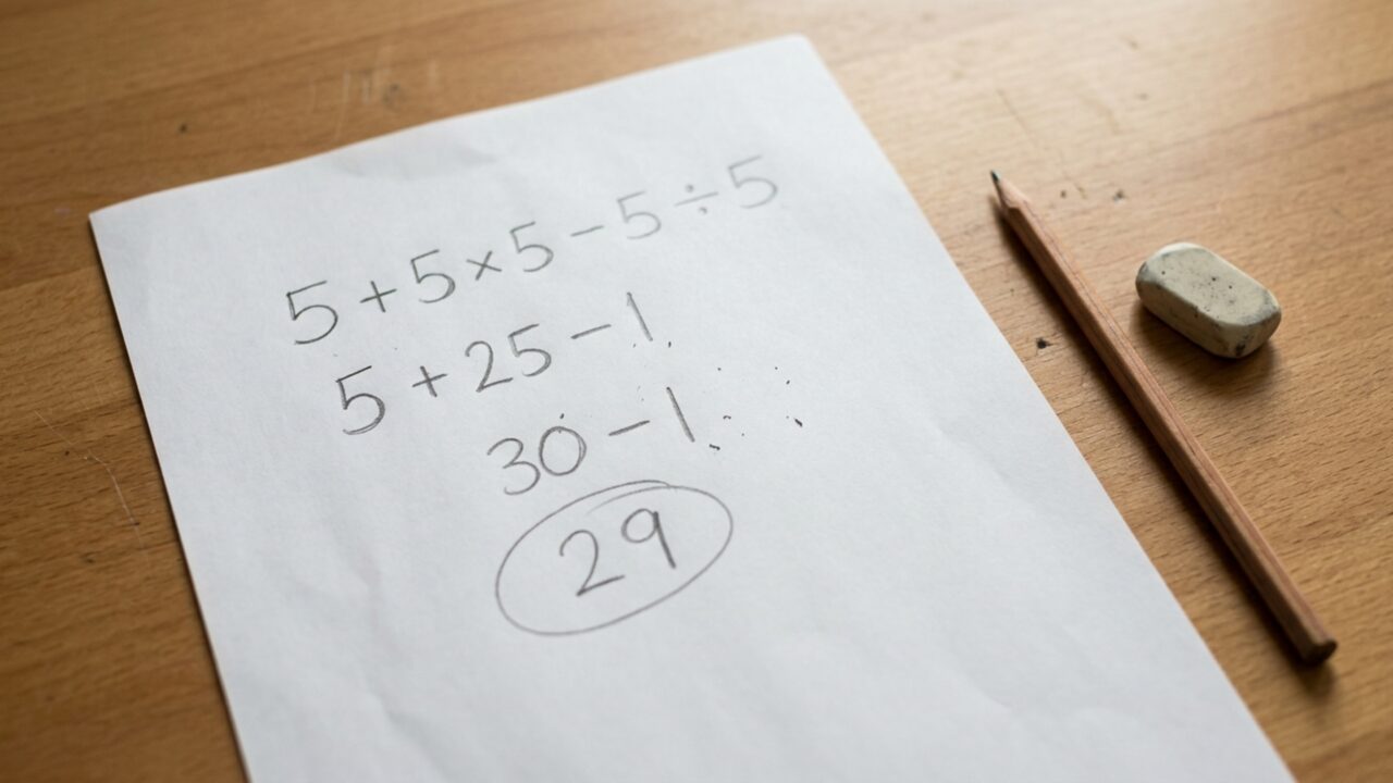 Resolva 5 + 5 × 5 − 5 ÷ 5 e teste se você consegue chegar ao resultado certo sem calculadora