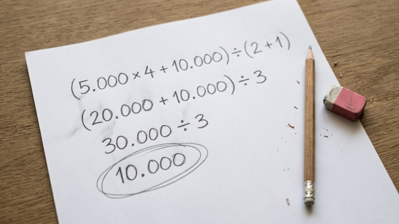 Quanto é (5.000 × 4 + 10.000) ÷ (2 + 1)? O desafio matemático testa sua atenção aos parênteses