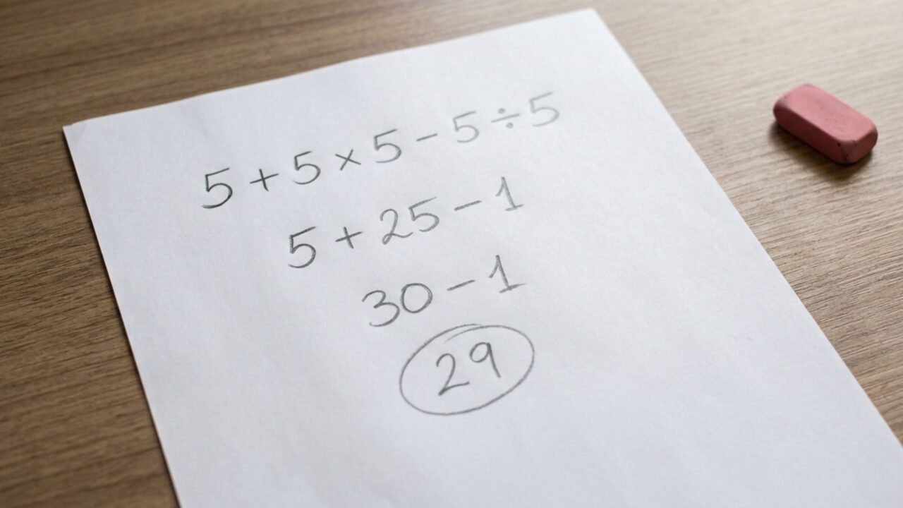 Sem calculadora: você chega ao resultado correto de 5 + 5 × 5 − 5 ÷ 5?