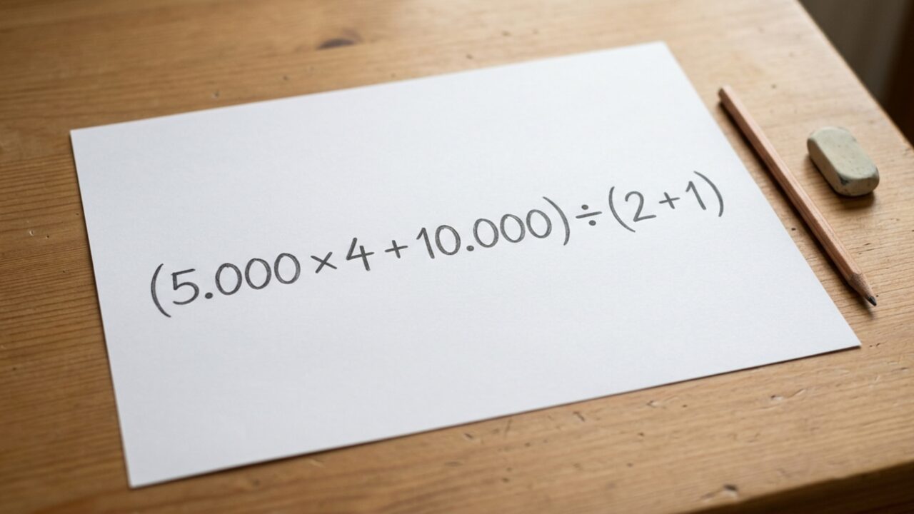 Quanto é (5.000 × 4 + 10.000) ÷ (2 + 1)? O desafio matemático testa sua atenção aos parênteses