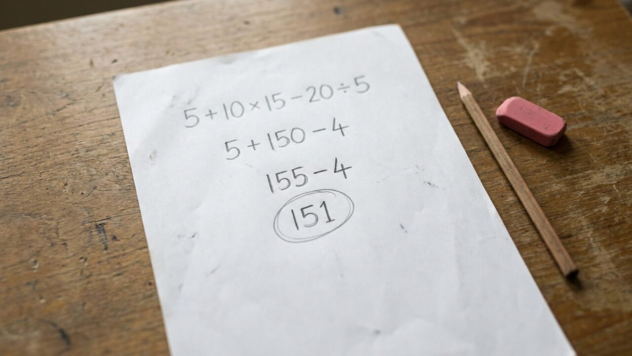 Resolva 10 + 5 × 10 − 5 ÷ 4 e teste se você consegue chegar ao resultado correto sem calculadora