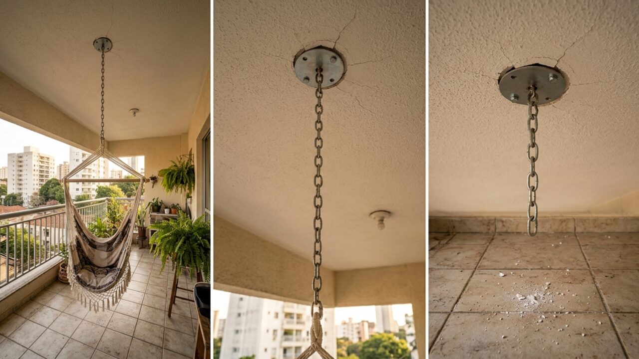Depois de instalar uma cadeira suspensa na varanda para relaxar no fim do dia, casal percebe que o suporte metálico começa a afrouxar e a abrir pequenas rachaduras no teto
