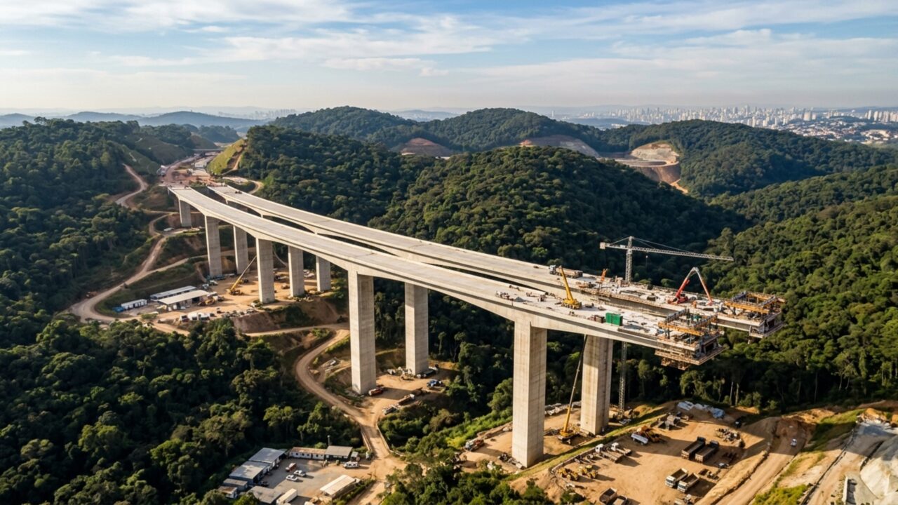 Com 44 pontes, 63 viadutos e sete túneis duplos, uma rodovia de 44 km foi projetada para fechar a rota de caminhões ao redor da maior cidade do Brasil