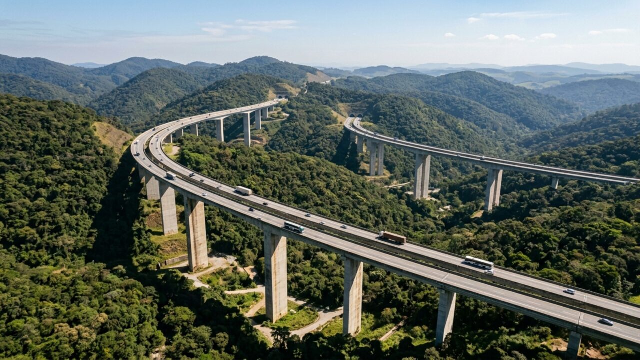 Com 44 pontes, 63 viadutos e sete túneis duplos, uma estrada de 44 km foi projetada para completar a rota de caminhões ao redor da maior cidade do Brasil