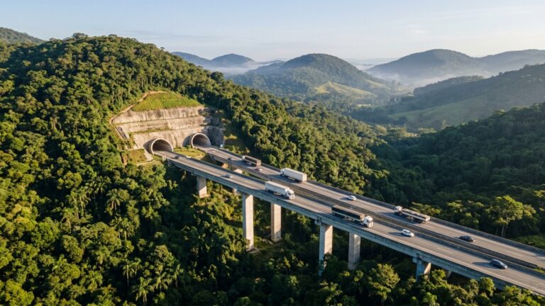 Com quatro túneis duplos, sete pontes e 21 passagens em desnível, uma estrada de 50 km foi aberta para tirar caminhões do meio de uma das maiores regiões urbanas do Sul