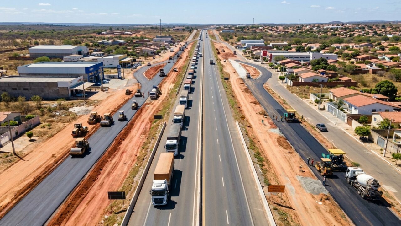 Com 96 km de duplicações, 44 km de vias marginais e mais de 107 km de acostamentos, vão transformar uma estrada de caminhões que corta o sertão entre dois estados