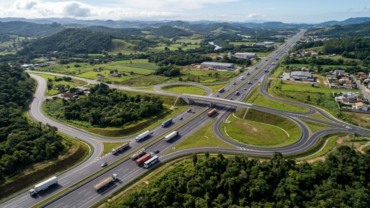 Oito viadutos, incluindo 4 duplos, e 2 pontes fazem parte de um trecho de 26,2 km de rodovia duplicada que liga o interior aos portos do Sul
