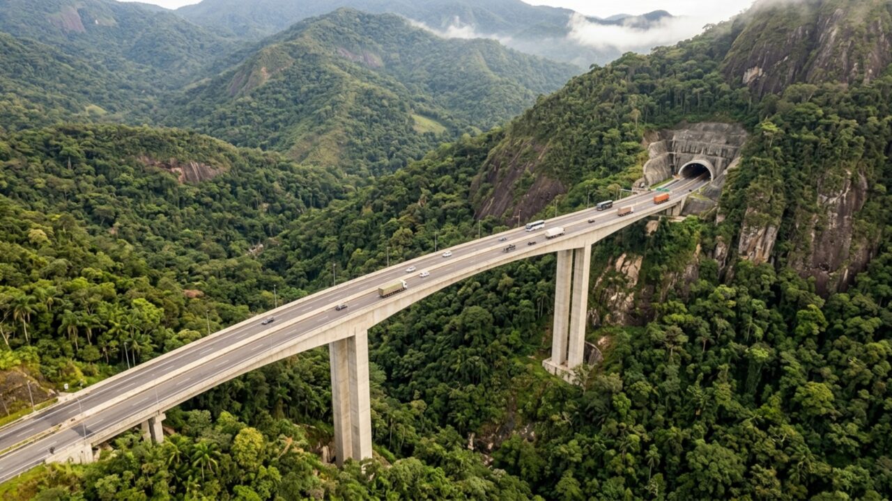 Megaobra de mais de R$ 3 bilhões abriu túneis e ergueu viadutos na Serra do Mar, incluindo uma passagem de 5,5 km que exigiu retirar 1,7 milhão de m³ de rocha