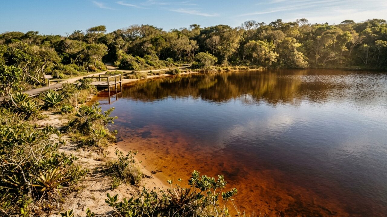 Uma baleia de bronze de 20 metros, um píer sobre o mar e uma lagoa cor de Coca-Cola: a orla da Região dos Lagos que parece um parque à beira-mar