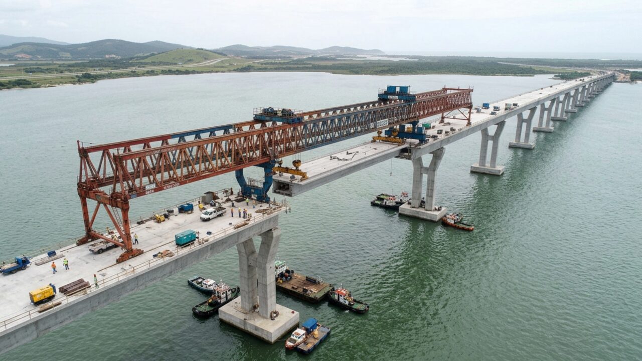 Ponte de R$ 777 milhões faz uma curva sobre a água por 2,8 km em Santa Catarina e precisou de uma máquina de 132 metros para montar a travessia