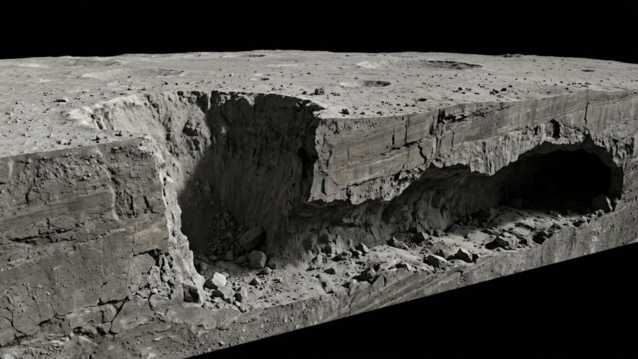 A NASA encontrou evidências de uma caverna que avança mais de 60 metros abaixo da Lua e pode ajudar a proteger futuros astronautas // IMAGEM ILUSTRATIVA