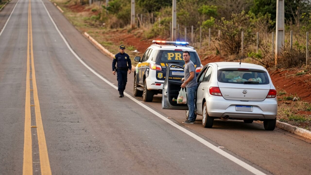 Motorista para no acostamento de uma rodovia para reorganizar as compras que se espalharam dentro do carro e, minutos depois, encontra uma viatura de fiscalização ao lado do veículo