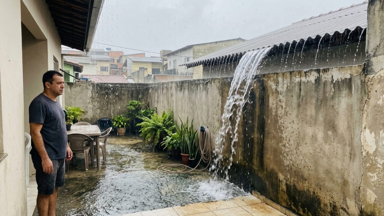 Casal constrói varanda coberta nos fundos da casa e depois de três anos descobre que a água da chuva cai diretamente no quintal vizinho, que exige a mudança de todo o telhado