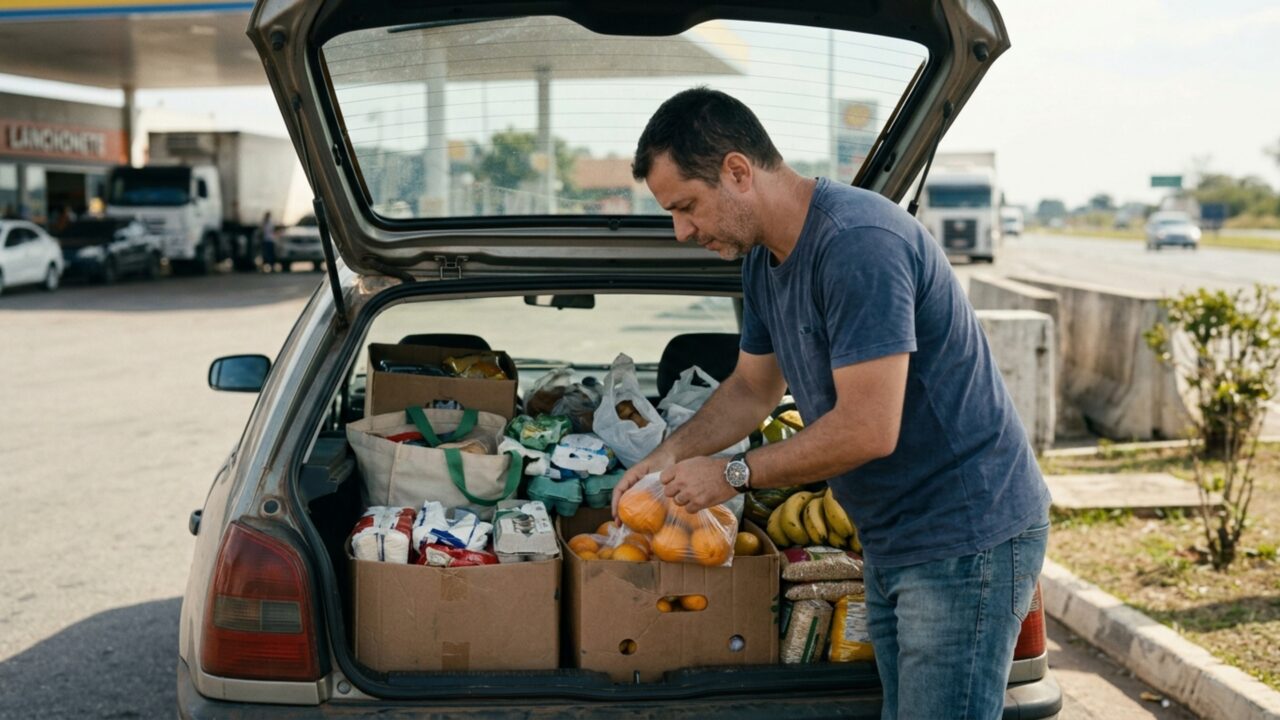 Motorista para no acostamento de uma rodovia para reorganizar as compras que se espalharam dentro do carro e, minutos depois, encontra uma viatura de fiscalização ao lado do veículo