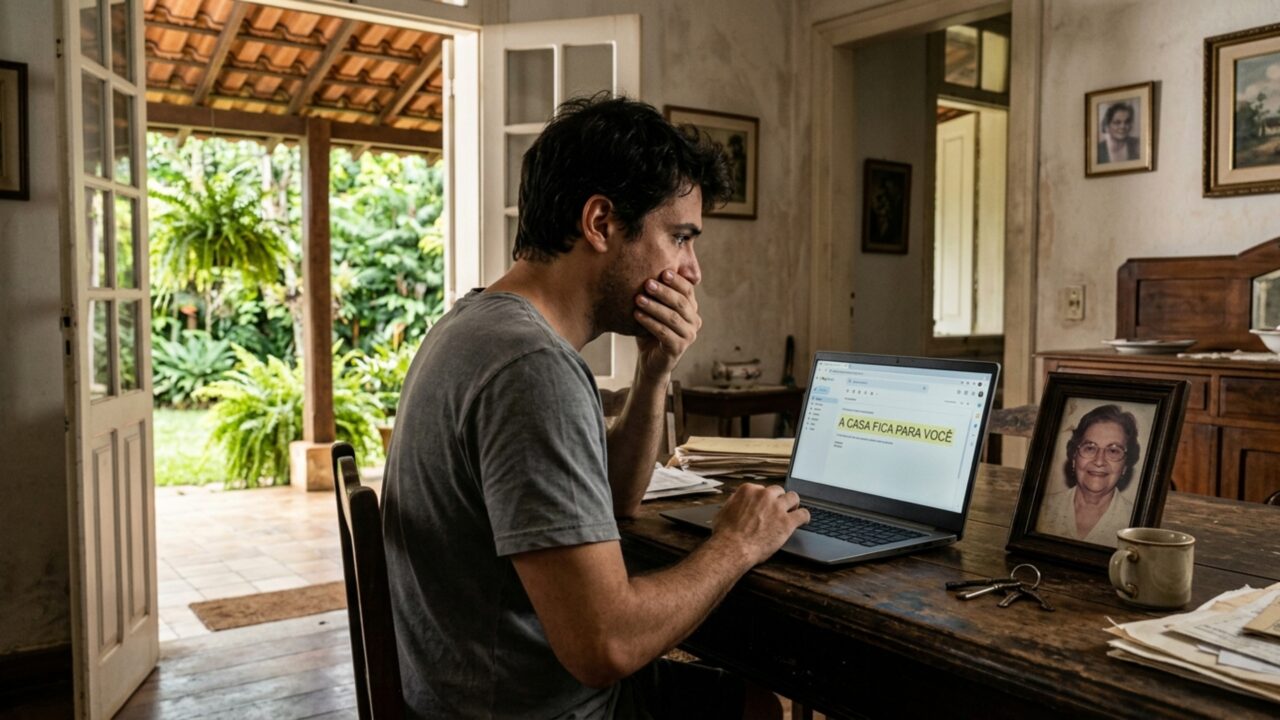 Neto recebe um e-mail da avó 2 dias depois do funeral dizendo que a casa ficaria para ele, primos contestam a mensagem e descobrem que a falta de assinatura e testemunhas pode impedir seu reconhecimento como testamento