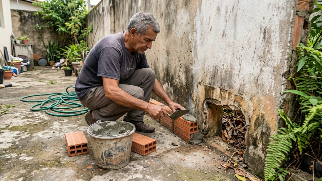 Para impedir a entrada de folhas, morador fecha uma abertura no muro, mas o vizinho exige que ela seja reaberta depois de ver o quintal inundar