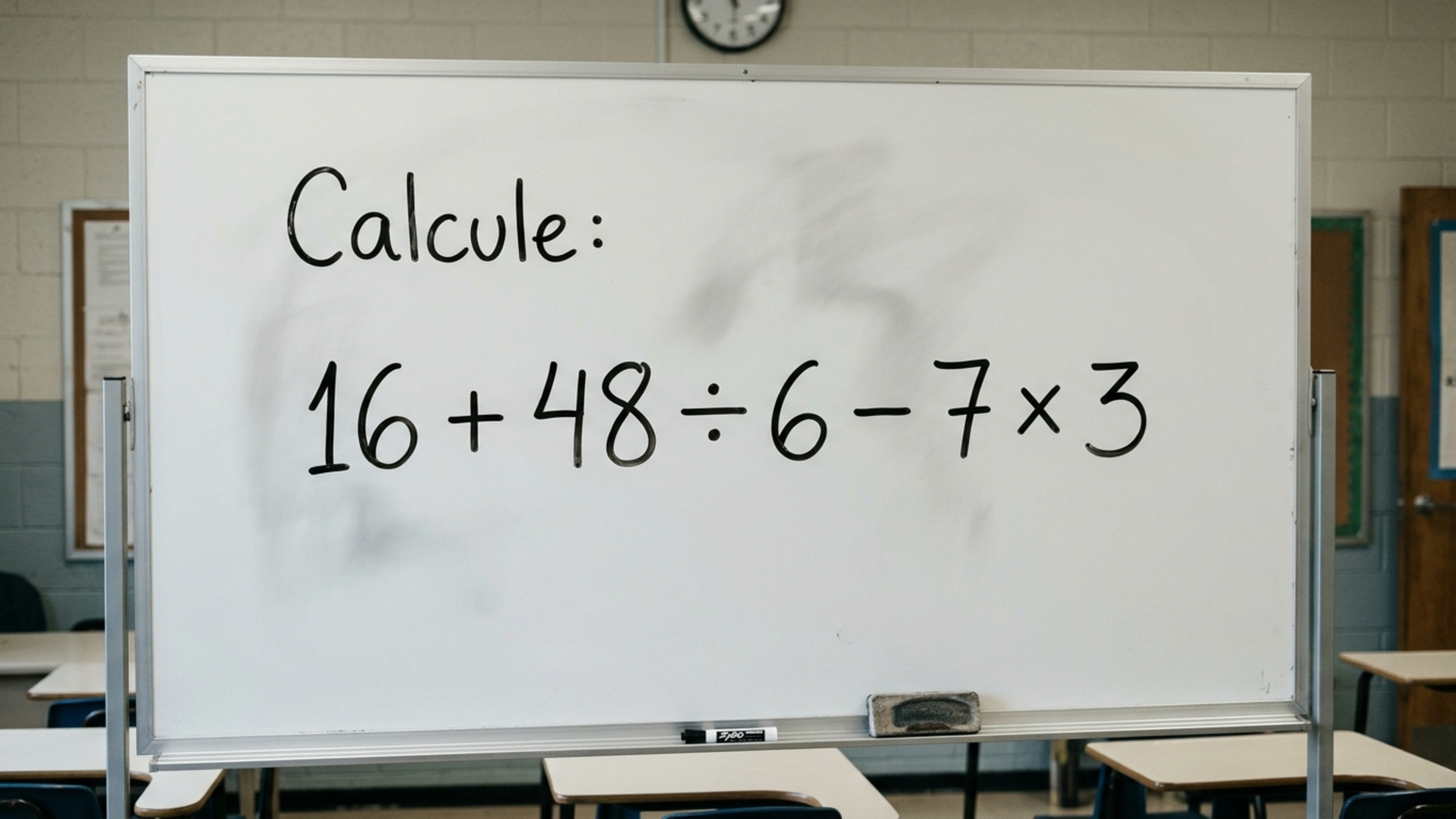 Resolva 16 + 48 ÷ 6 – 7 × 3 sem começar pela primeira conta que aparece