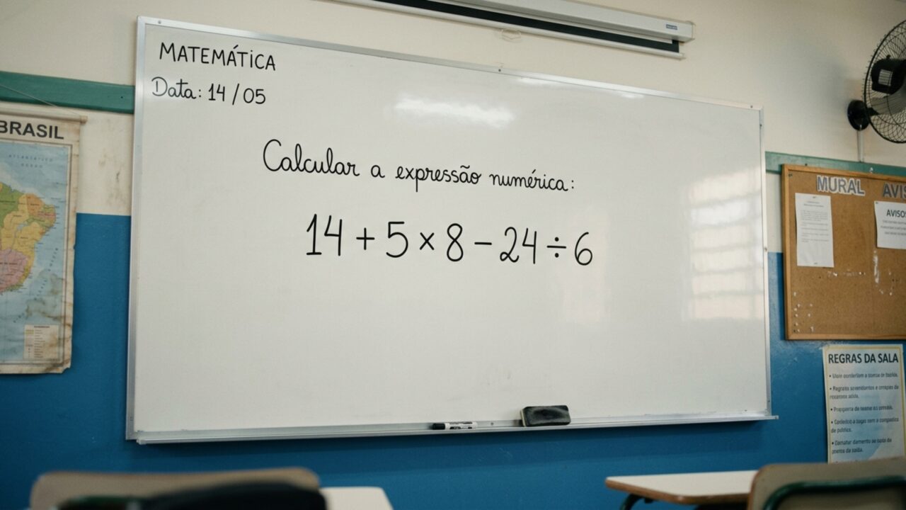 Resolva 14 + 5 × 8 – 24 ÷ 6 sem fazer as operações na ordem em que aparecem