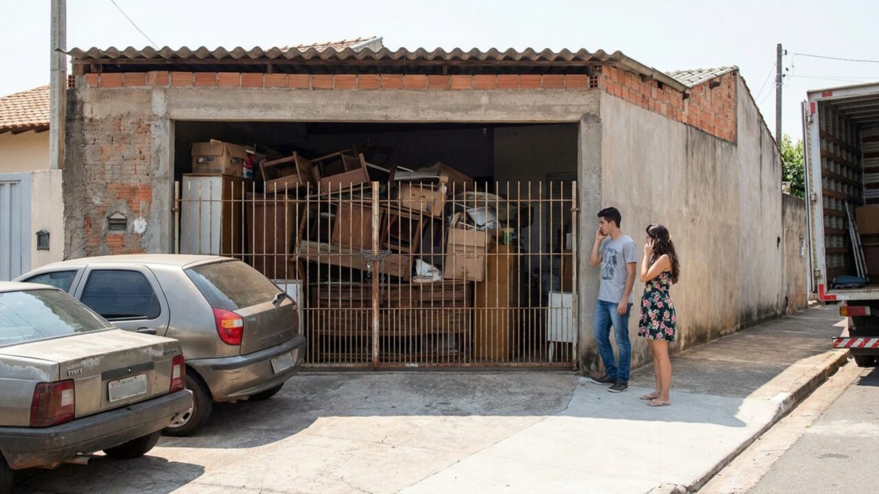 Casal aluga uma casa anunciada com garagem para 2 carros, chega no dia da mudança e encontra o espaço trancado pelo proprietário, que afirma usar a área como depósito, mas o contrato assinado garante as 2 vagas