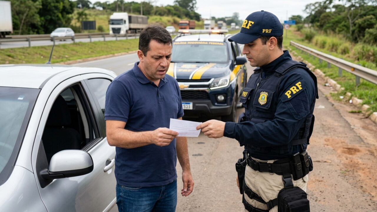Motorista para no acostamento de uma rodovia para reorganizar as compras que se espalharam dentro do carro e, minutos depois, encontra uma viatura de fiscalização ao lado do veículo