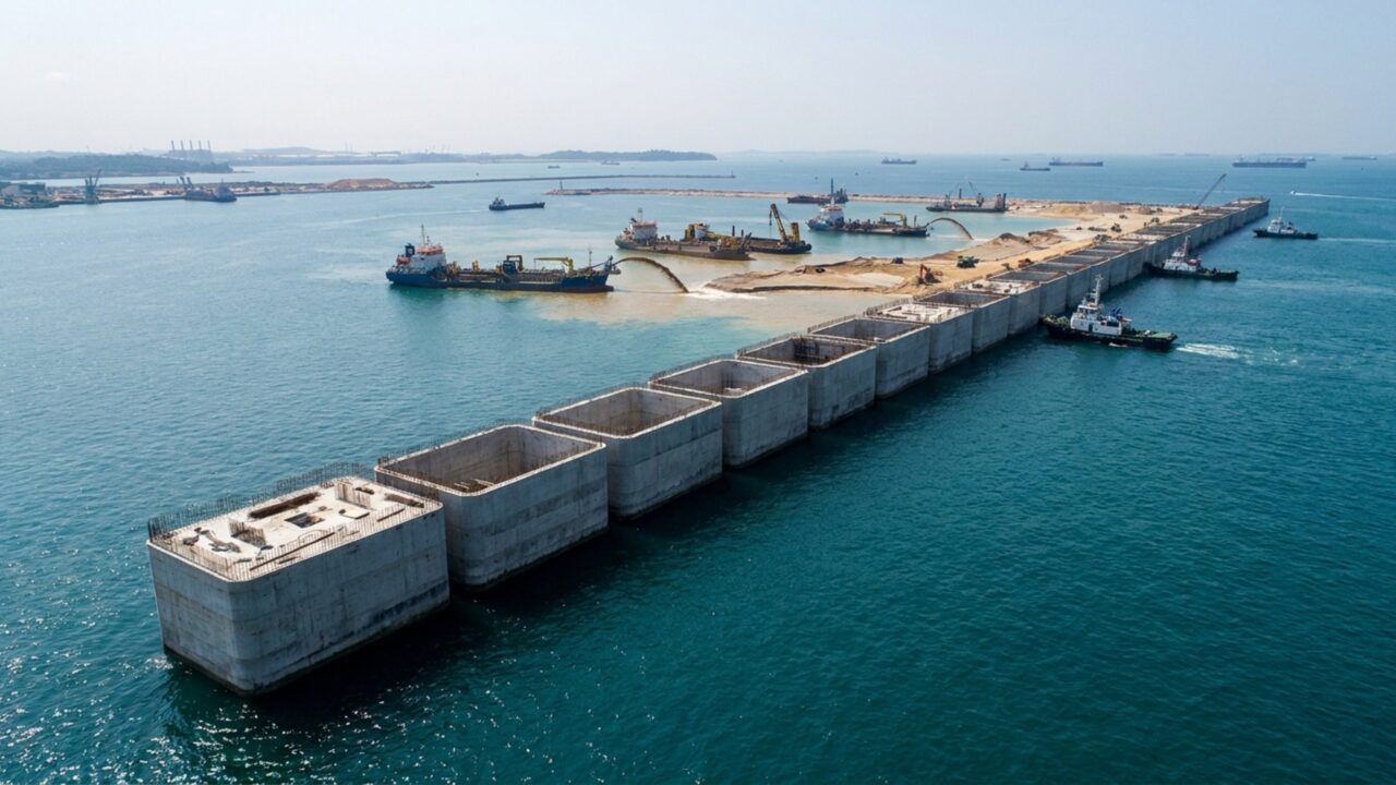 227 blocos de concreto de até 13.500 toneladas são instalados no mar para construir muralha de 9,1 km do maior porto automatizado do mundo