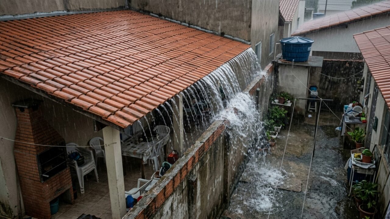 Casal constrói varanda coberta nos fundos da casa e depois de três anos descobre que a água da chuva cai diretamente no quintal vizinho, que exige a mudança de todo o telhado