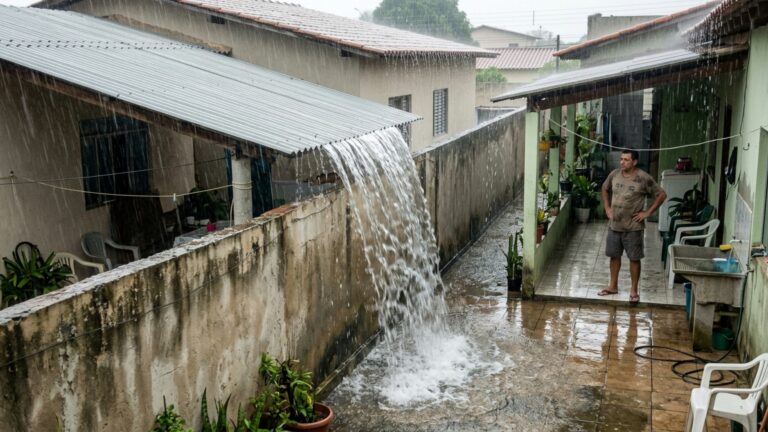 Casal constrói varanda coberta nos fundos da casa e depois de três anos descobre que a água da chuva cai diretamente no quintal vizinho, que exige a mudança de todo o telhado