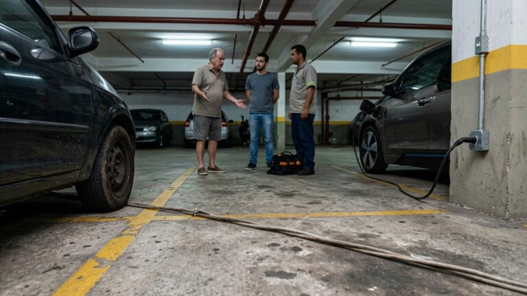 Condômino instala uma tomada para carregar o carro elétrico na garagem, vizinho descobre que o cabo passa pelo meio de sua vaga e exige a retirada, mas o instalador afirma que a posição foi indicada pelo próprio proprietário