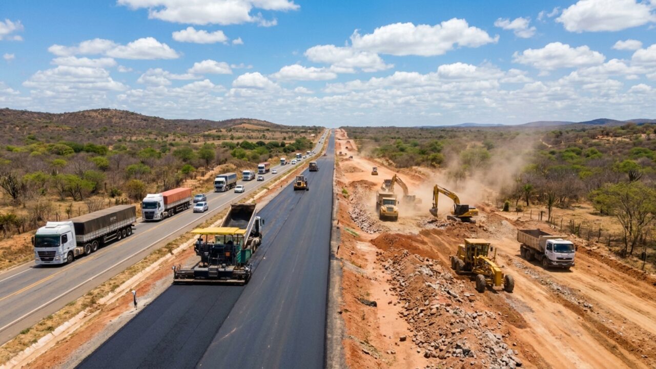Com 96 km de duplicações, 44 km de vias marginais e mais de 107 km de acostamentos, vão transformar uma estrada de caminhões que corta o sertão entre dois estados