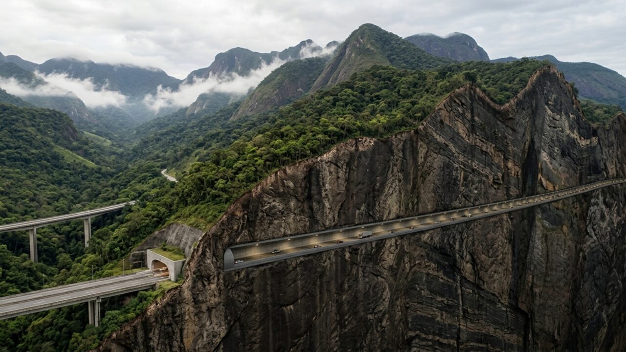 Megaobra de mais de R$ 3 bilhões abriu túneis e ergueu viadutos na serra, incluindo uma passagem de 5,5 km que exigiu retirar 1,7 milhão de m³ de rocha