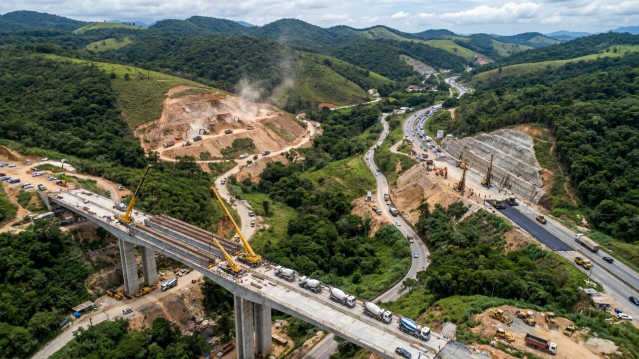 24 viadutos, 93 contenções e 30 canteiros estão refazendo uma serra para dobrar a velocidade na estrada que liga as duas maiores cidades do Brasil