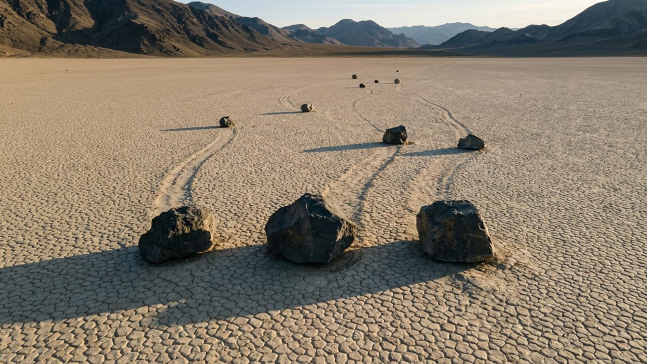 Pedras de até 320 kg atravessam sozinhas o chão de um deserto e deixam rastros de centenas de metros que intrigaram cientistas por décadas