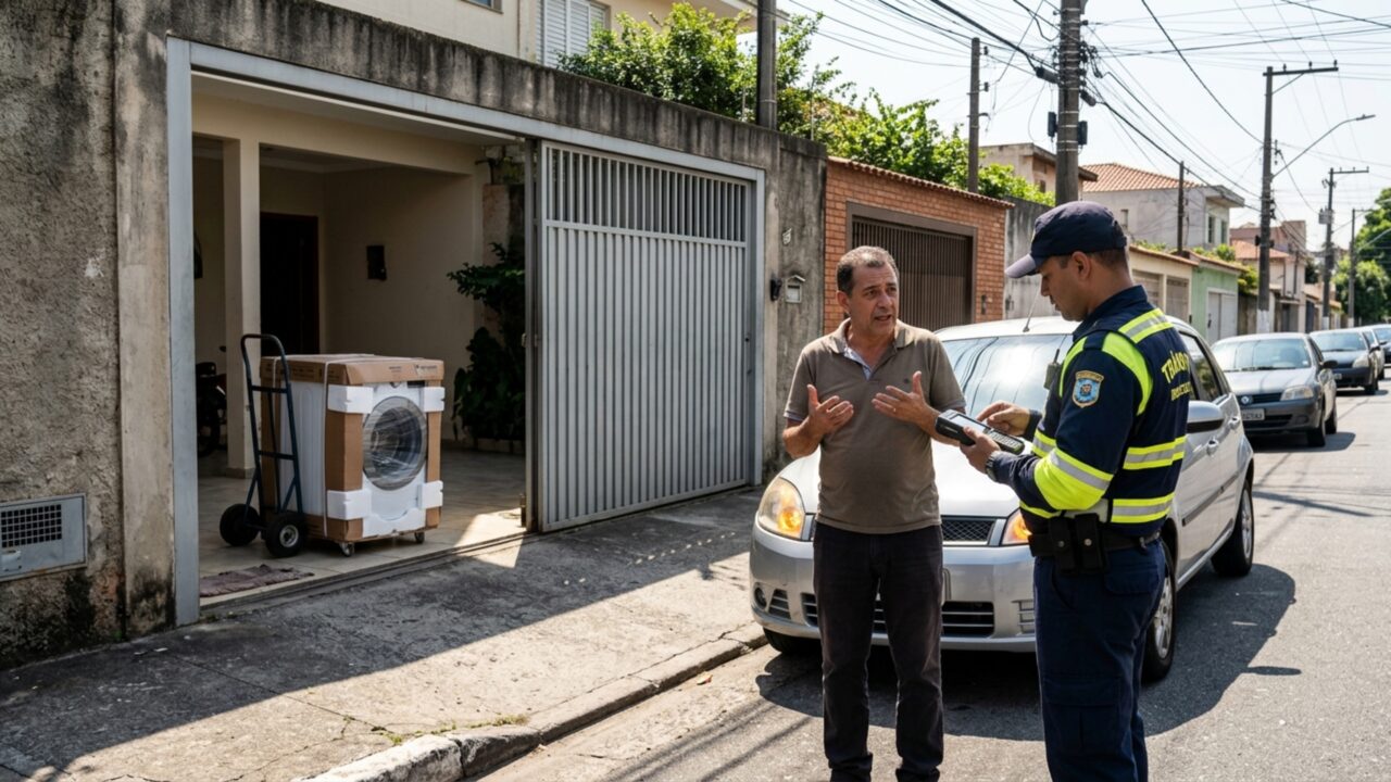 Motorista deixa o carro na frente da própria garagem para descarregar uma máquina de lavar, recebe uma multa e descobre que ser dono do imóvel não elimina a proibição de estacionar diante da guia rebaixada