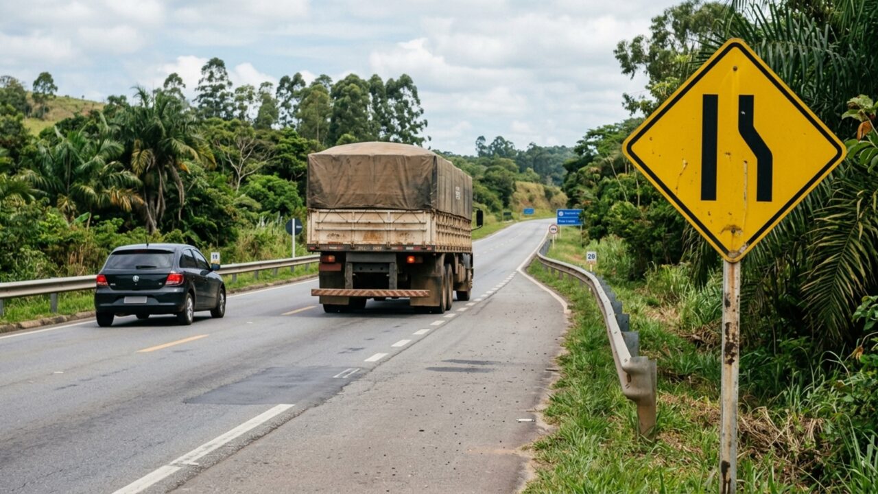 O que significa a placa de trânsito com uma linha reta e outra inclinada sobre fundo amarelo?