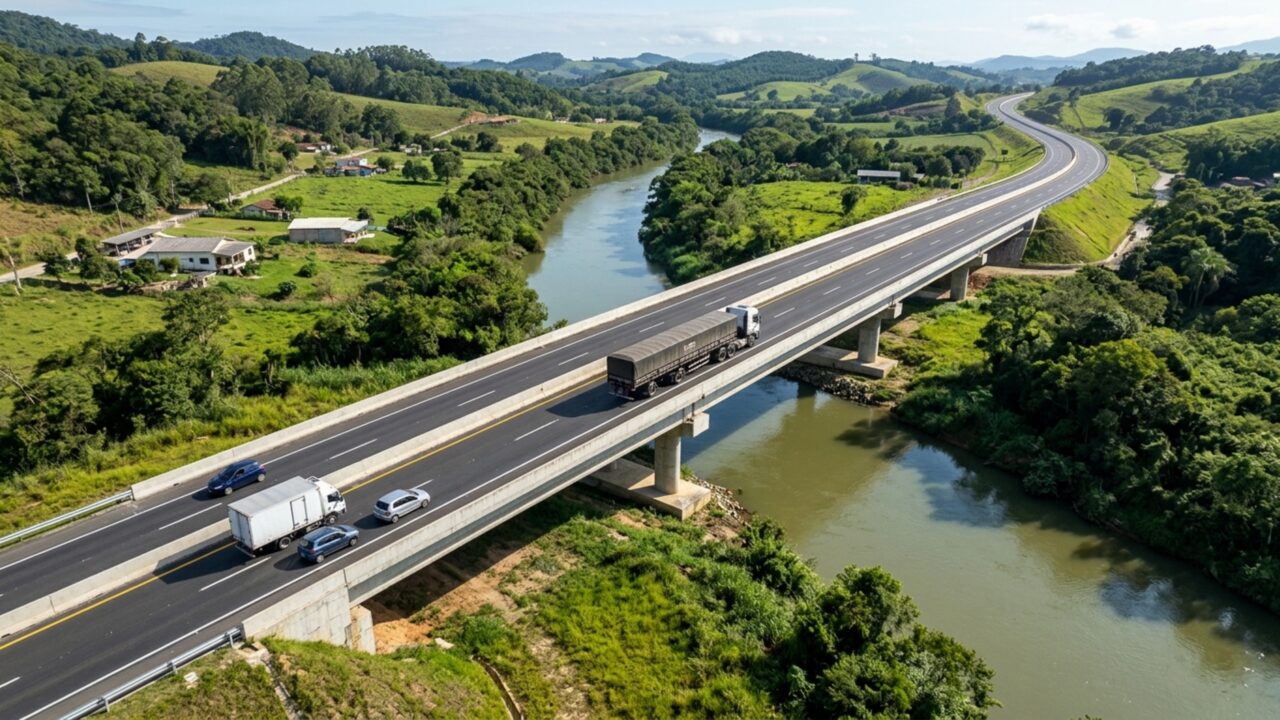 Oito viadutos, incluindo 4 duplos, e 2 pontes fazem parte de um trecho de 26,2 km de rodovia duplicada que liga o interior aos portos do Sul // IMAGEM ILUSTRATIVA