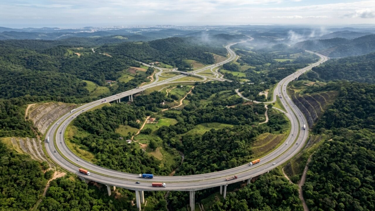 Com quatro túneis duplos, sete pontes e 21 passagens em desnível, uma estrada de 50 km foi aberta para tirar caminhões do meio de uma das maiores regiões urbanas do Sul