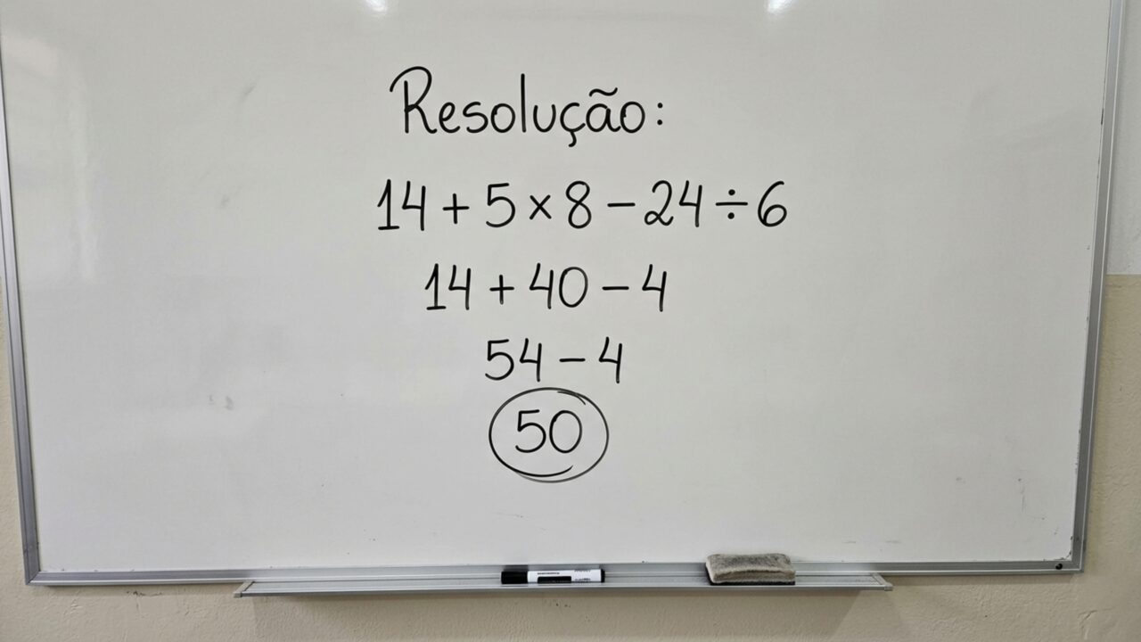 Resolva 14 + 5 × 8 - 24 ÷ 6 sem fazer as operações na ordem em que aparecem