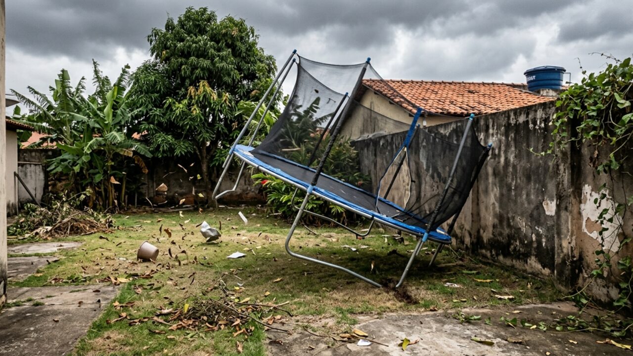 Pai monta cama elástica no quintal para os filhos e, depois de uma tarde de ventania, encontra o brinquedo sobre o telhado da garagem vizinha, com várias telhas quebradas