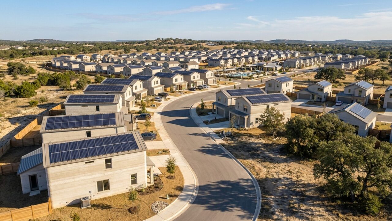 Um bairro com 100 casas teve suas paredes construídas por impressoras 3D e reúne imóveis de cerca de 139 a 195 m² com painéis solares nos telhados