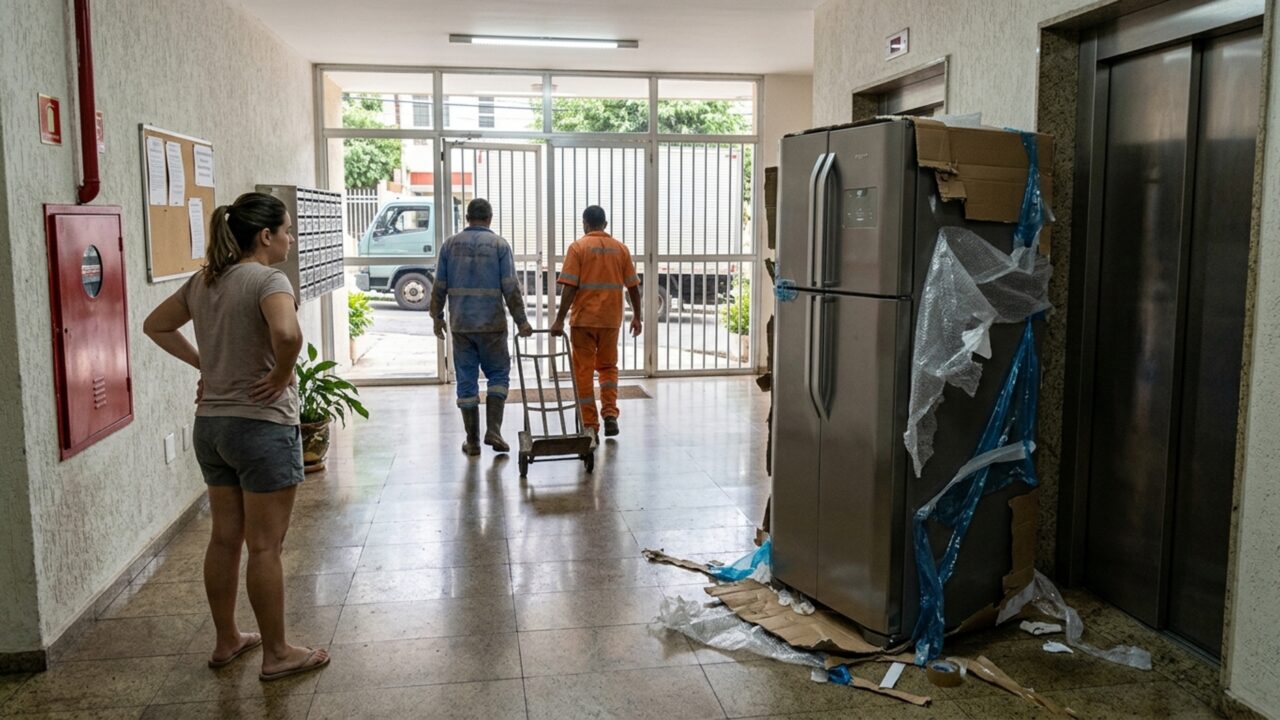 Moradora compra uma geladeira de 2 portas, entregadores descobrem que ela não cabe no elevador e deixam o aparelho no corredor do prédio, mas o comprovante registra a entrega dentro do apartamento