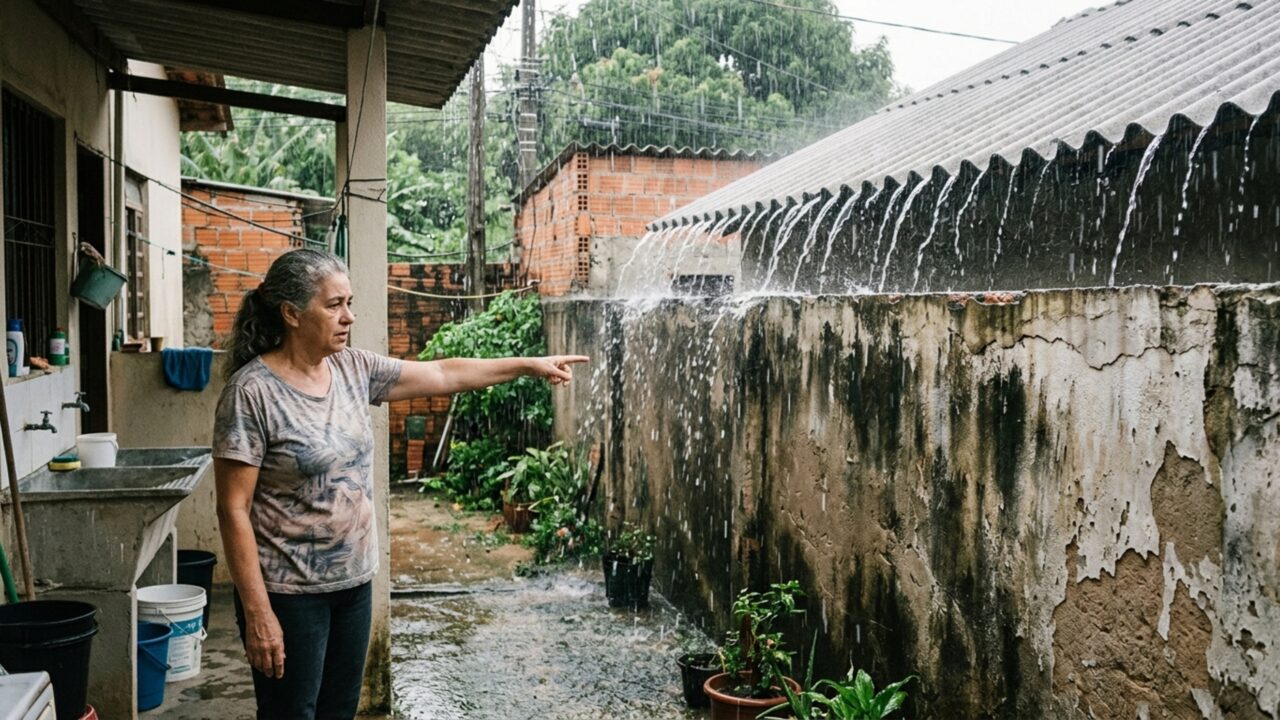 Homem constrói varanda coberta nos fundos da casa e depois de três anos descobre que a água da chuva cai diretamente no quintal vizinho, que exige mudança de todo o telhado