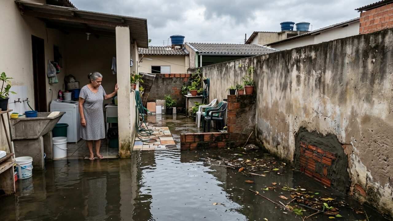 Para impedir a entrada de folhas, morador fecha uma abertura no muro, mas o vizinho exige que ela seja reaberta depois de ver o quintal inundar