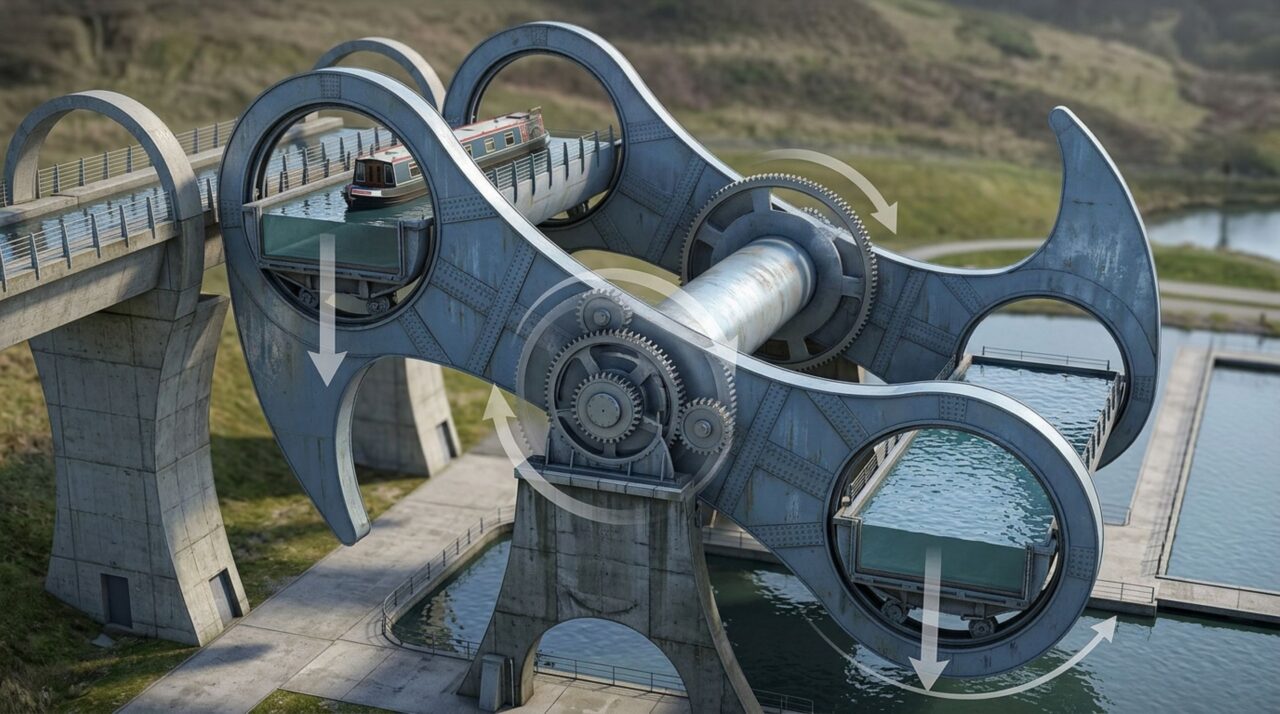 Compartimentos equilibrados e engrenagens permitem à Falkirk Wheel elevar barcos com baixo consumo de energia