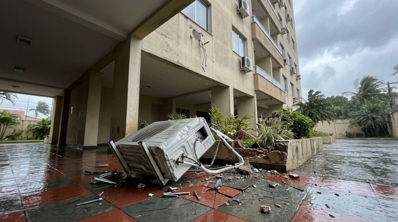 Morador instala um aparelho de ar-condicionado na fachada sem verificar a fixação, condensadora se desprende durante uma tempestade e síndico descobre irregularidade após danos na área comum
