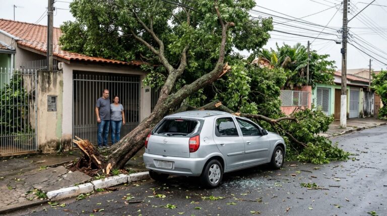 Família deixa o carro estacionado regularmente em frente à própria casa, uma árvore da calçada cai durante a madrugada e destrói o teto do veículo, levando os proprietários a pedir indenização ao município