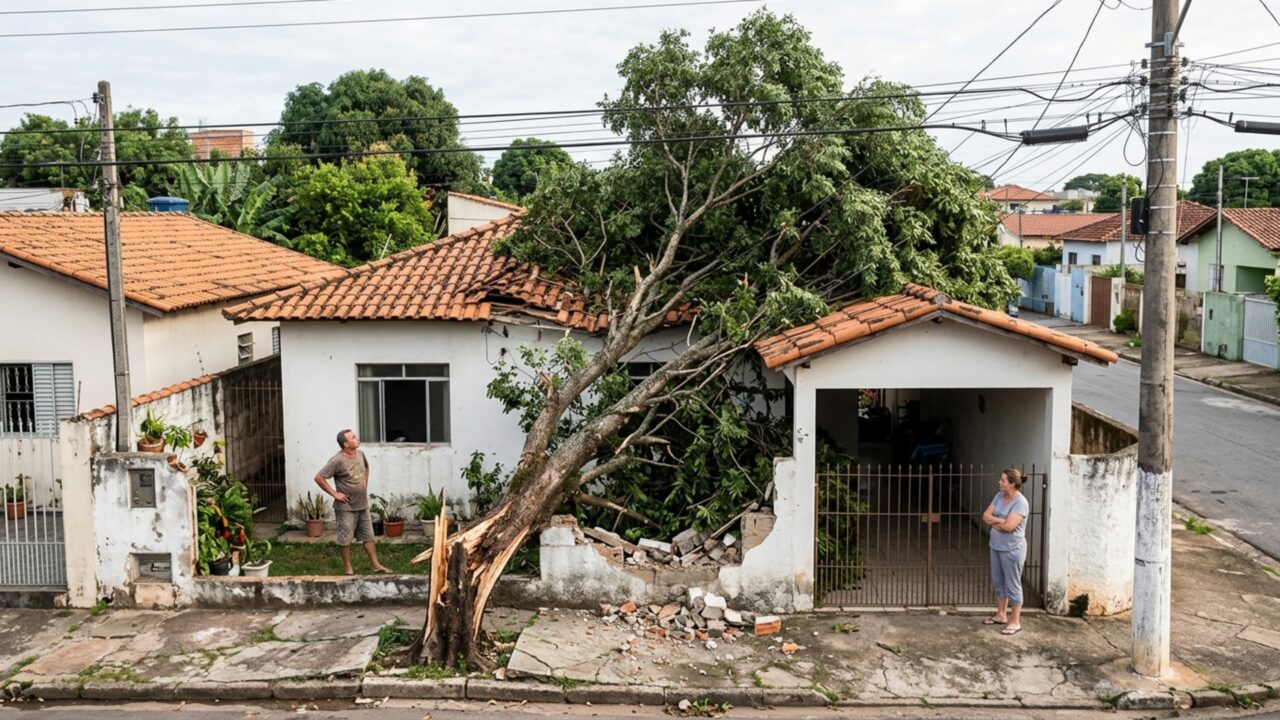 Uma árvore cai sem atingir nenhuma casa, mas o prejuízo aparece no muro, no telhado e na garagem, e os vizinhos não concordam sobre de quem ela era
