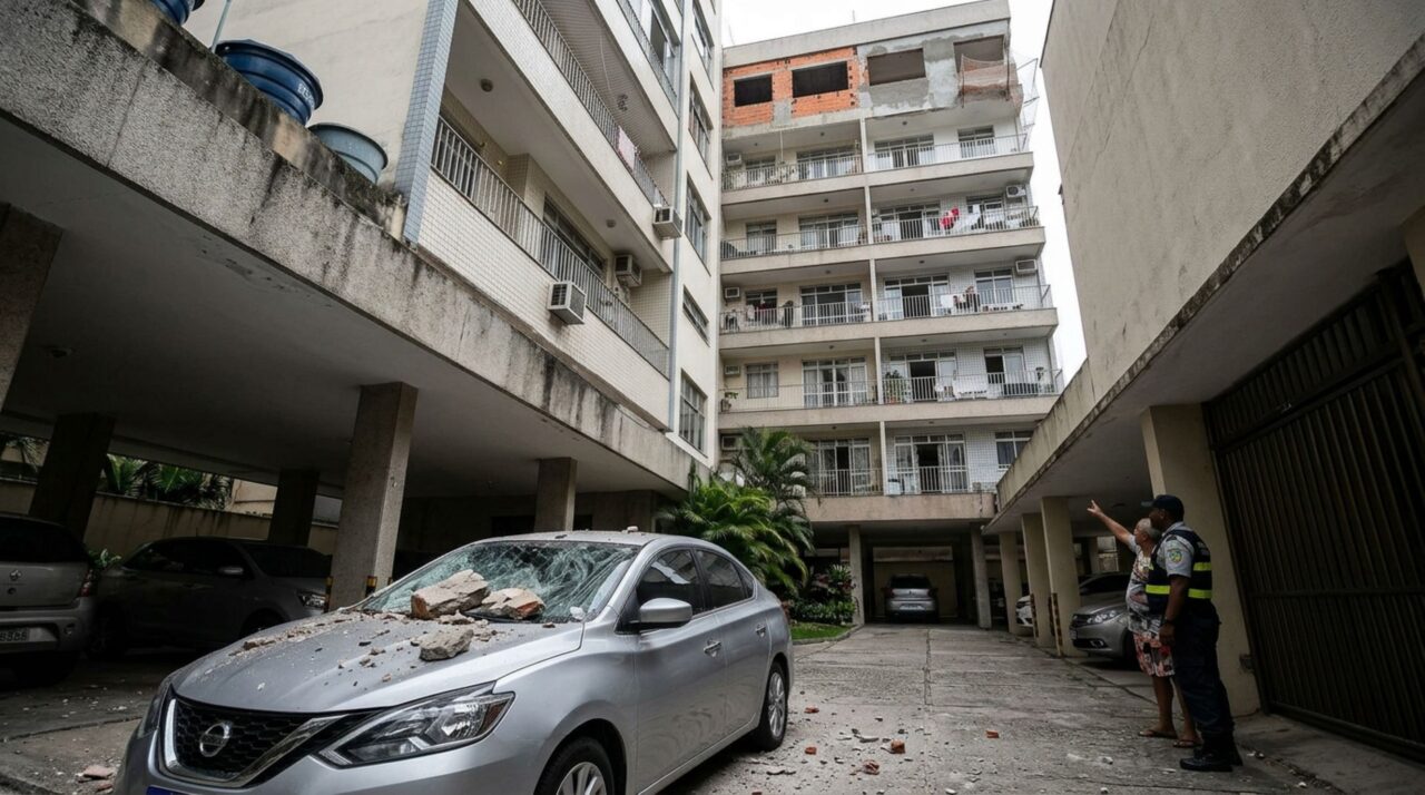 Morador reforma apartamento no oitavo andar, pedaços de concreto atingem um veículo na garagem e dono do carro descobre que os trabalhadores descartavam entulho pela janela