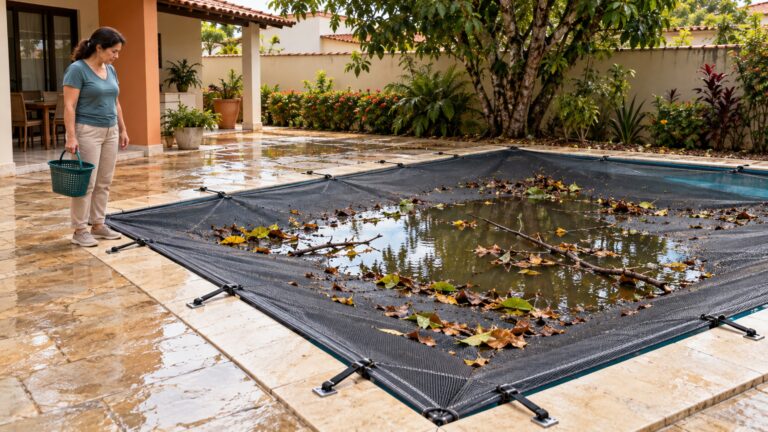 Família instala tela sobre a piscina para proteger as crianças e, após uma tempestade, vê folhas, galhos e água acumularem peso sobre a estrutura