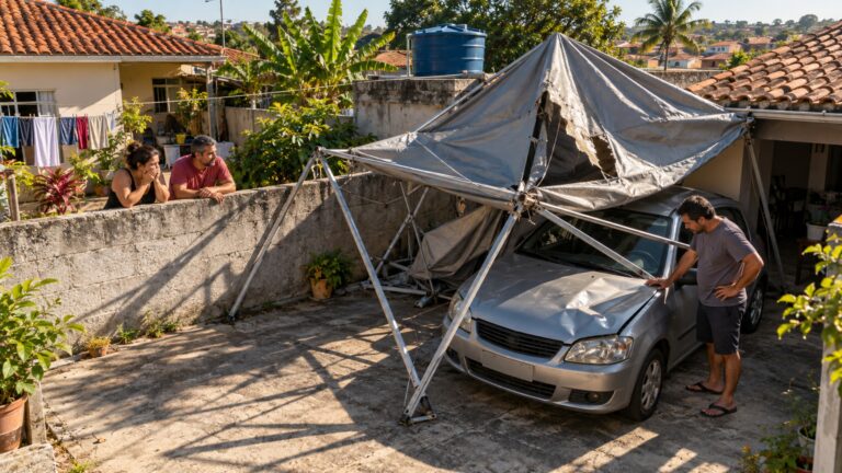 Família monta uma cobertura desmontável no quintal e o vizinho cobra o conserto do carro depois que uma rajada leva a estrutura para sua garagem